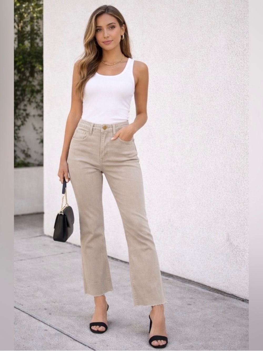 Kut from the Kloth Kelsey Fab Ab Ankle Flare Raw Hem Cropped Jeans Tan/Biscotti